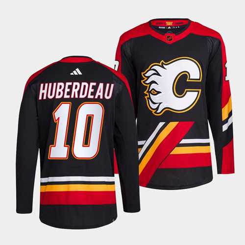 Mens Calgary Flames #10 Jonathan Huberdeau Black 2022-23 Reverse Retro Stitched Jersey Dzhi